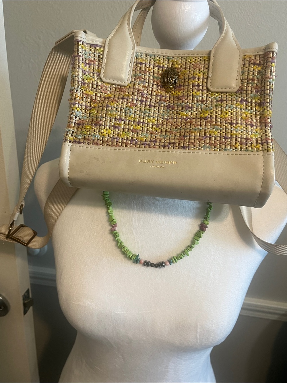 Kurt Geiger Cream Tweed Mini Tote with Yellow and Pastel Accents
